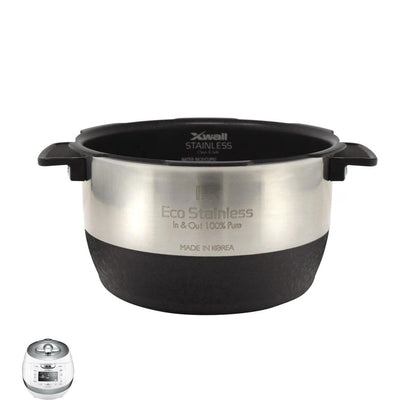 Cuckoo Eco Stainless X-Wall replacement inner pot, featuring a durable design and shown with a compatible rice cooker. (INNERPOT-CRP-BH06)
