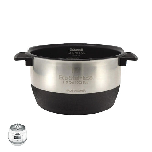 Cuckoo Eco Stainless X-Wall replacement inner pot, featuring a durable design and shown with a compatible rice cooker. (INNERPOT-CRP-BH06)