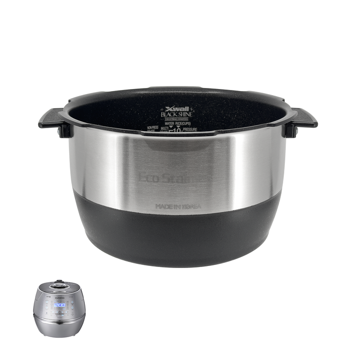 Cuckoo X-Wall Black Shine replacement inner pot with nonstick coating, featuring measurement lines and a compatible unit.