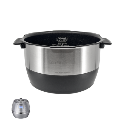Cuckoo X-Wall Black Shine replacement inner pot with nonstick coating, featuring measurement lines and a compatible unit.