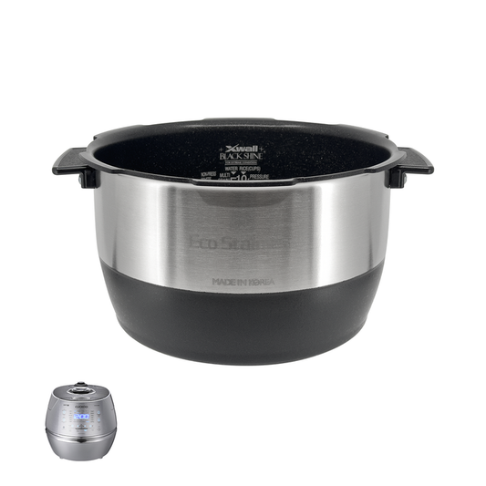 Cuckoo X-Wall Black Shine replacement inner pot with nonstick coating, featuring measurement lines and a compatible unit.