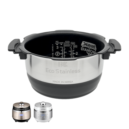 Cuckoo Eco Stainless X-Wall Diamond replacement inner pot with interior measurement lines, shown with compatible cookers. (INNERPOT-CRP-EH03)