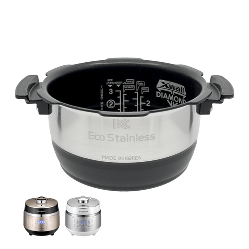 Cuckoo Eco Stainless X-Wall Diamond replacement inner pot with interior measurement lines, shown with compatible cookers. (INNERPOT-CRP-EH03)