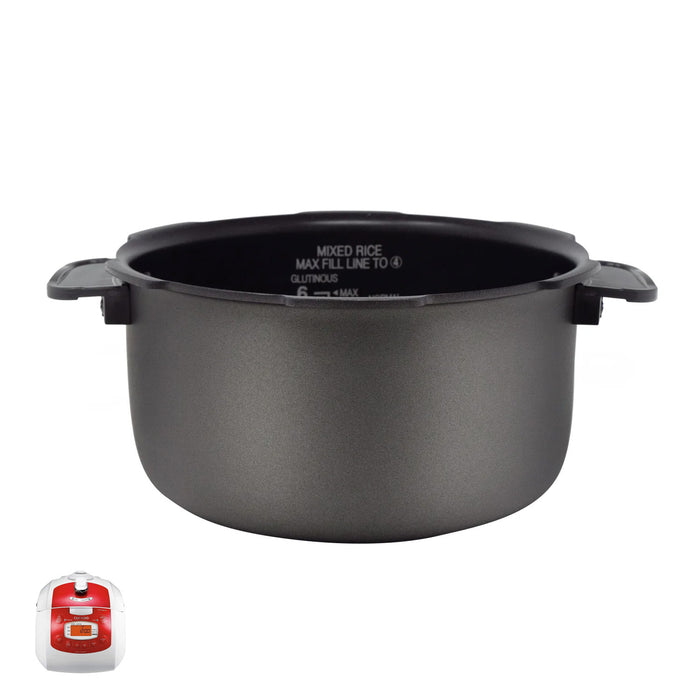 Cuckoo nonstick replacement inner pot with side handles and capacity markings, shown with a compatible rice cooker. (INNERPOT-CRP-FA06)