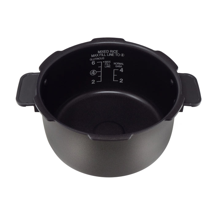 Replacement inner cooking pot for a Cuckoo pressure rice cooker, featuring side handles and interior capacity markings. (INNERPOT-CRP-FA06)