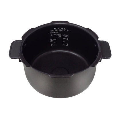 Replacement inner cooking pot for a Cuckoo pressure rice cooker, featuring side handles and interior capacity markings. (INNERPOT-CRP-FA06)