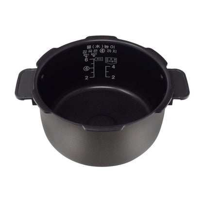 Replacement inner cooking pot for a Cuckoo pressure rice cooker, featuring side handles and interior capacity markings. (INNERPOT-CRP-FA06)