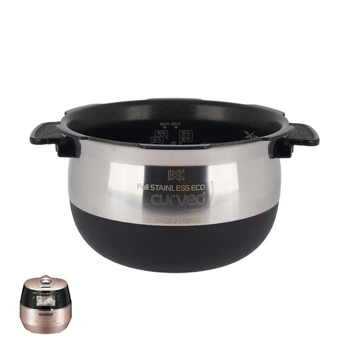 Cuckoo Full Stainless Eco curved inner pot with side handles, shown with a compatible rose-gold rice cooker model. (INNERPOT-CRP-FHSR06)