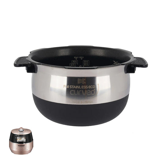 Cuckoo Full Stainless Eco curved inner pot with side handles, shown with a compatible rose-gold rice cooker model. (INNERPOT-CRP-FHSR06)