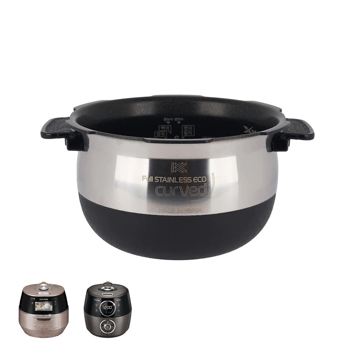Cuckoo Full Stainless Eco curved replacement inner pot with a nonstick interior, shown with compatible rice cooker models. (INNERPOT-CRP-FHVR/GH10)