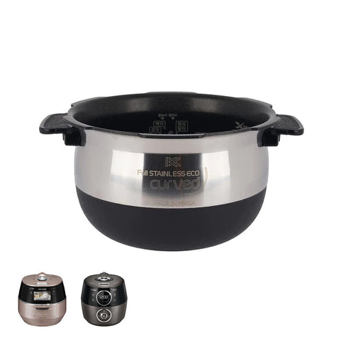 Cuckoo Full Stainless Eco curved replacement inner pot with a nonstick interior, shown with compatible rice cooker models. (INNERPOT-CRP-FHVR/GH10)