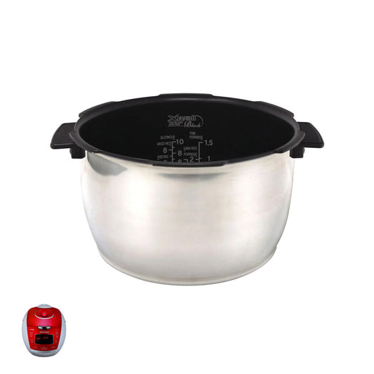 Replacement X-Wall Black nonstick inner pot for Cuckoo rice cookers, shown with a compatible unit. (INNERPOT-CRP-HUS10)