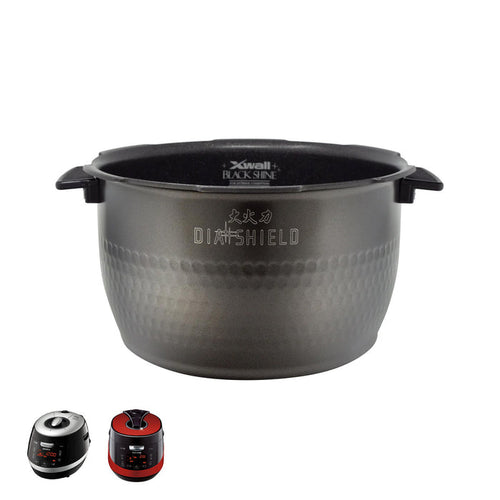 Cuckoo Dia Shield replacement inner pot with X-Wall Black Shine coating, shown with two compatible rice cooker models. (INNERPOT-CRP-HY/HN10)