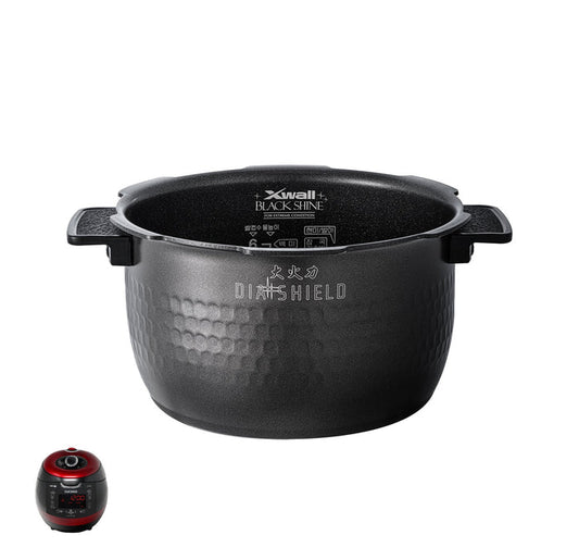 Cuckoo Dia Shield replacement inner pot with X-Wall Black Shine coating, shown with a compatible red rice cooker. (INNERPOT-CRP-HZ06)