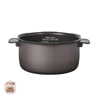 Replacement nonstick inner cooking pot with side handles for a Cuckoo rice cooker, shown with a compatible unit. (INNERPOT-CRP-J06)