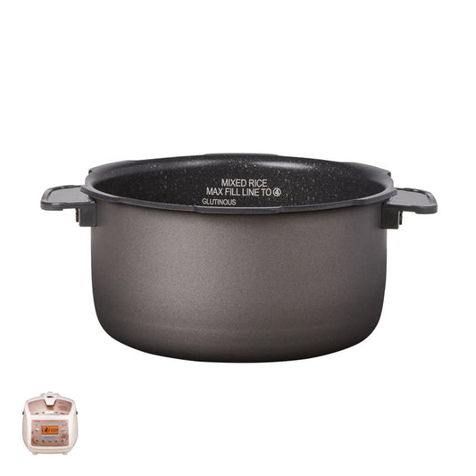Replacement nonstick inner cooking pot with side handles for a Cuckoo rice cooker, shown with a compatible unit. (INNERPOT-CRP-J06)