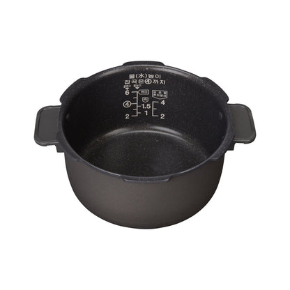 Replacement nonstick inner cooking pot with side handles and capacity markings for a Cuckoo pressure rice cooker. (INNERPOT-CRP-J06)