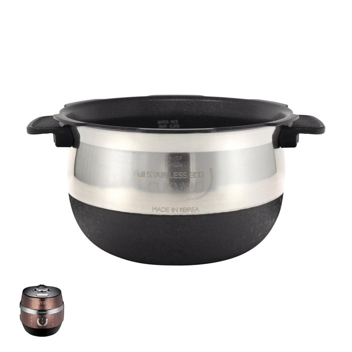 Cuckoo Full Stainless Eco curved inner pot with side handles, shown with a compatible rice cooker. (INNERPOT-CRP-JHSR06)