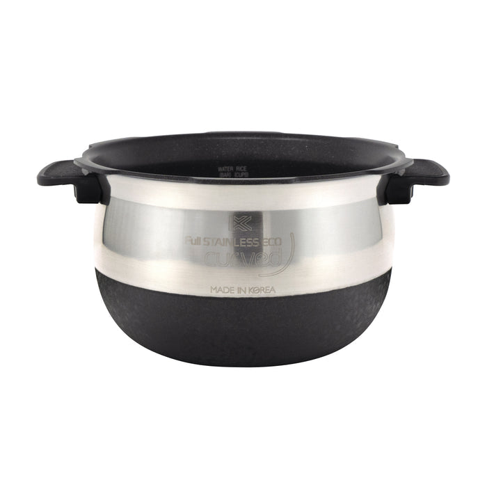 Cuckoo Full Stainless Eco curved inner pot with side handles and interior water level markings. (INNERPOT-CRP-JHSR06)