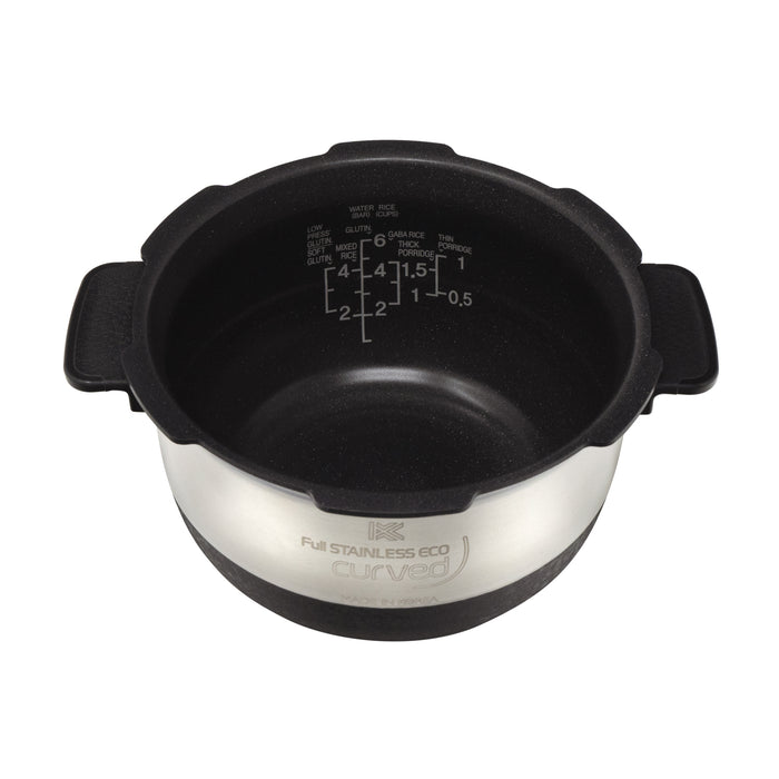 Cuckoo Full Stainless Eco curved inner pot with side handles, nonstick interior, and clear water level markings. (INNERPOT-CRP-JHSR06)