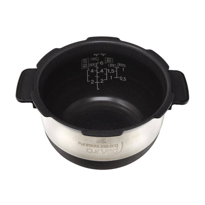 Cuckoo Full Stainless Eco curved inner pot with side handles, nonstick interior, and clear water level markings. (INNERPOT-CRP-JHSR06)