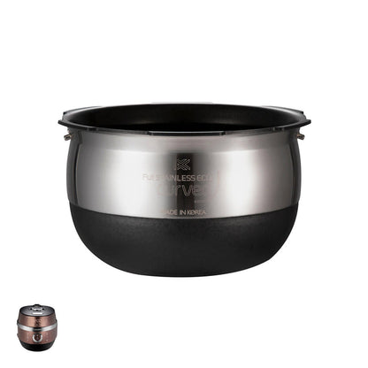 Cuckoo Stainless Eco curved nonstick replacement inner pot, shown with a compatible rice cooker. (INNERPOT-CRP-JHVR10)
