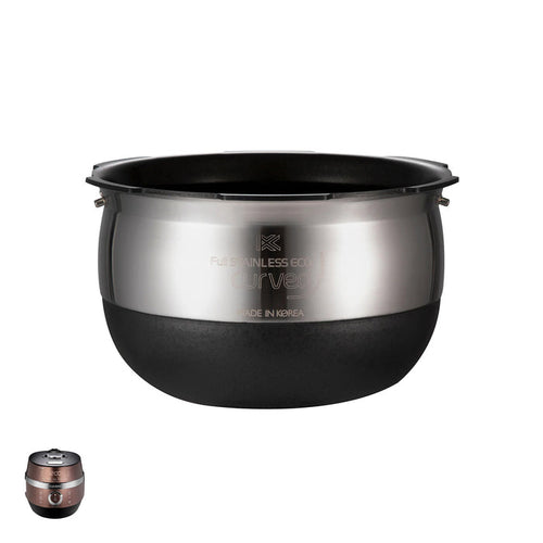 Cuckoo Stainless Eco curved nonstick replacement inner pot, shown with a compatible rice cooker. (INNERPOT-CRP-JHVR10)