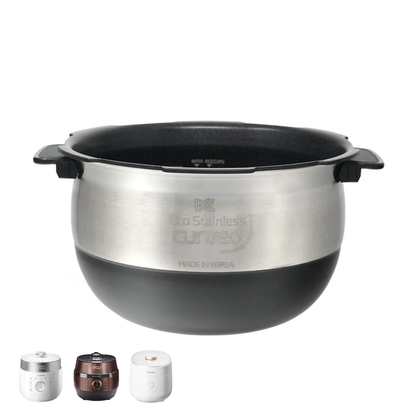 Cuckoo Eco Stainless curved replacement inner pot with nonstick coating, shown with compatible rice cooker models. (INNERPOT-CRP-JH/LH/OH10)