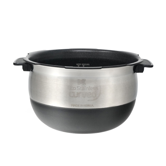 Cuckoo Eco Stainless curved replacement inner pot featuring a nonstick interior and side handles. (INNERPOT-CRP-JH/LH/OH10)