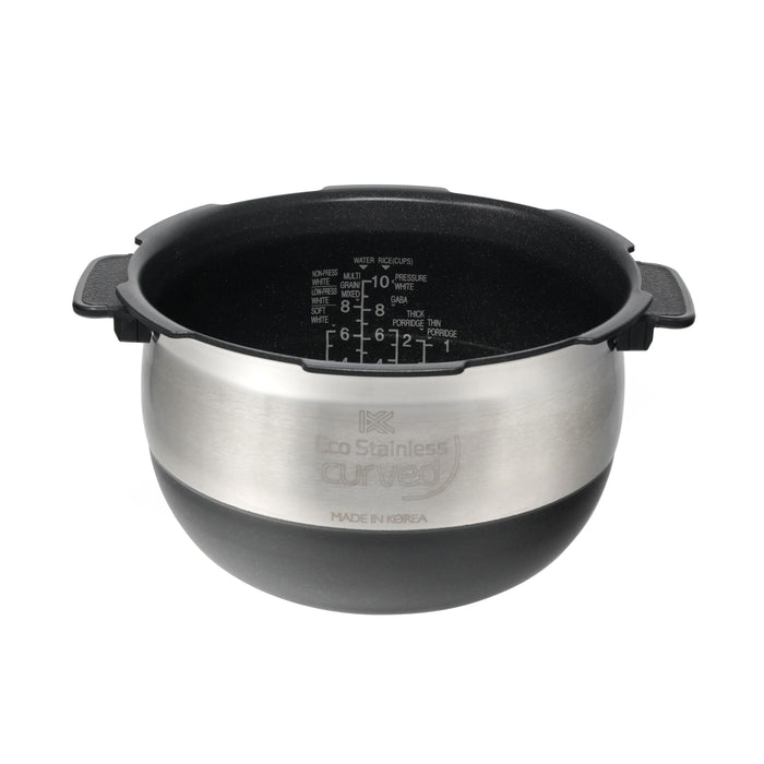 Cuckoo Eco Stainless curved replacement inner pot with interior graduated water level markings and nonstick coating. (INNERPOT-CRP-JH/LH/OH10)