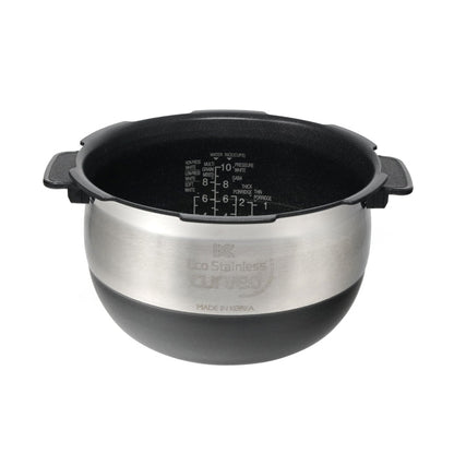 Cuckoo Eco Stainless curved replacement inner pot with interior graduated water level markings and nonstick coating. (INNERPOT-CRP-JH/LH/OH10)