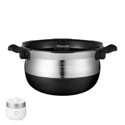 Cuckoo X-Wall Black Shine Eco Stainless curved replacement inner pot with side handles, shown with a compatible rice cooker. (INNERPOT-CRP-MH03)