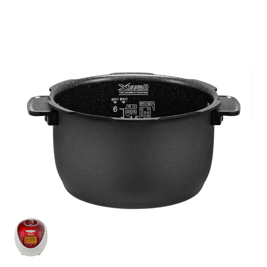 Cuckoo X-Wall marble coated replacement inner pot with handles, shown with a compatible red and white rice cooker. (INNERPOT-CRP-N06)