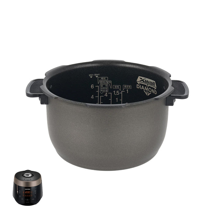 Cuckoo X-Wall Diamond nonstick replacement inner pot with interior water markings and a compatible rice cooker unit. (INNERPOT-CRP-P06)