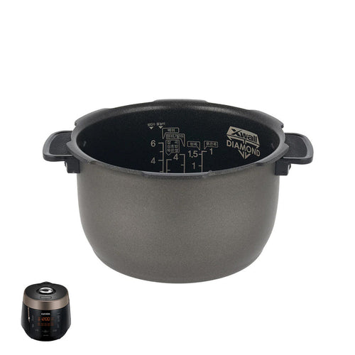 Cuckoo X-Wall Diamond nonstick replacement inner pot with interior water markings and a compatible rice cooker unit. (INNERPOT-CRP-P06)