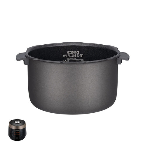 Cuckoo nonstick replacement inner pot for rice cookers, showing interior measurement lines and a compatible unit. (INNERPOT-CRP-P10)