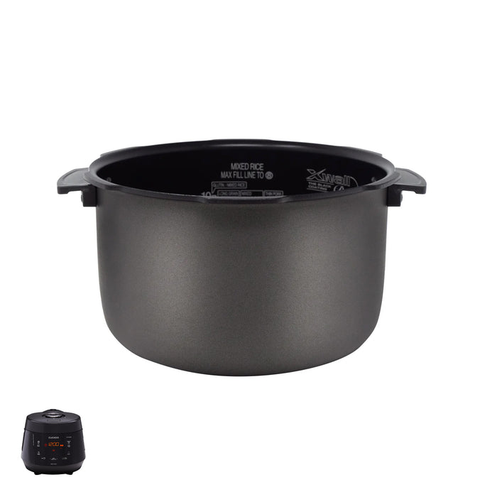 Cuckoo X-Wall nonstick replacement inner pot with side handles, shown with a compatible black rice cooker model. (INNERPOT-CRP-PK10)