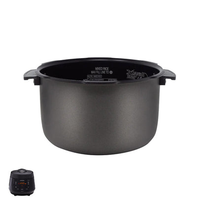 Cuckoo X-Wall nonstick replacement inner pot with side handles, shown with a compatible black rice cooker model. (INNERPOT-CRP-PK10)