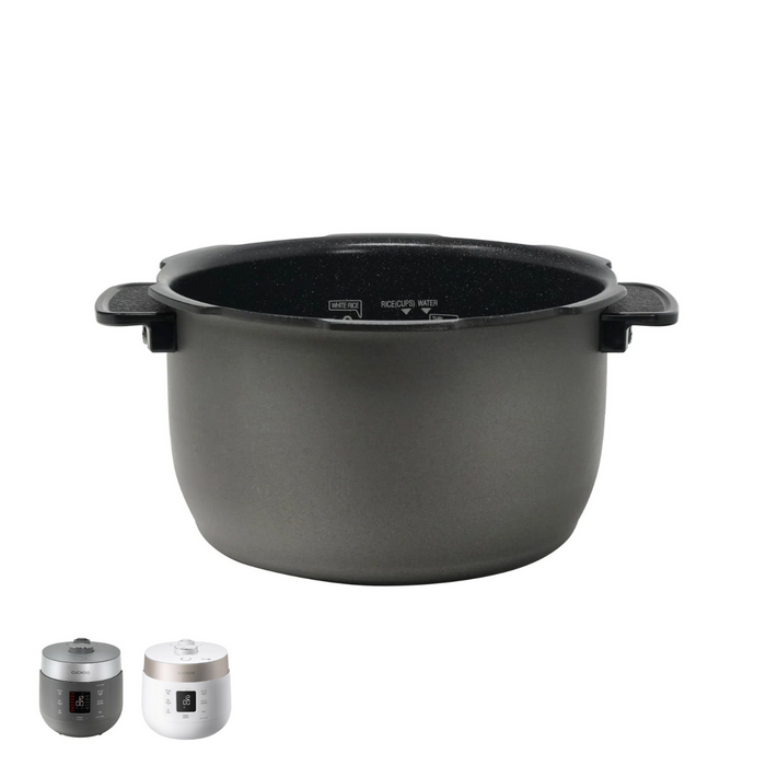 Cuckoo nonstick replacement inner pot with side handles, shown with two compatible rice cooker models. (INNERPOT-CRP-ST06)