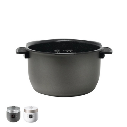 Cuckoo nonstick replacement inner pot with side handles, shown with two compatible rice cooker models. (INNERPOT-CRP-ST06)