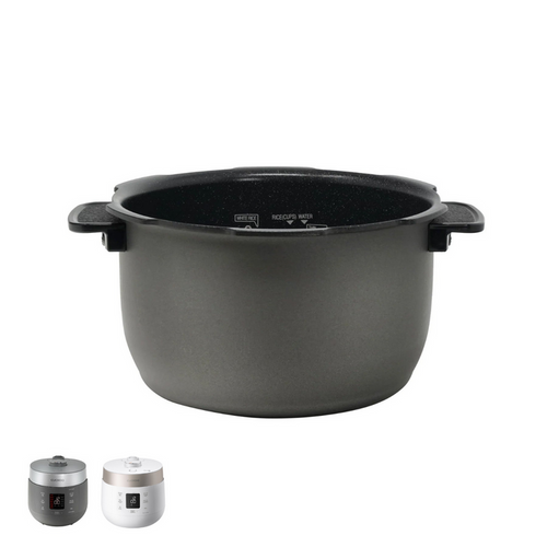 Cuckoo nonstick replacement inner pot with side handles, shown with two compatible rice cooker models. (INNERPOT-CRP-ST06)