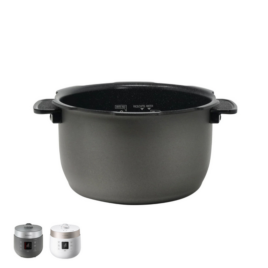 Cuckoo nonstick replacement inner pot with side handles, shown with two compatible rice cooker models. (INNERPOT-CRP-ST06)