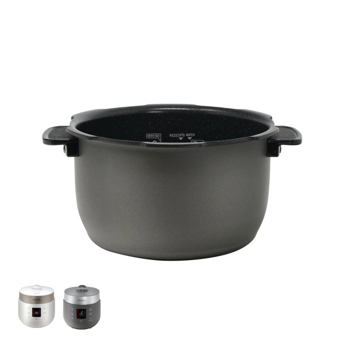 Cuckoo nonstick replacement inner pot with side handles, shown with two compatible white and grey rice cooker models. (INNERPOT-CRP-ST10)