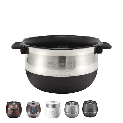 Cuckoo stainless steel nonstick replacement inner pot for rice cookers, shown with compatible rice cooker models below. (INNERPOT-CRP-DH/JH/LH/OH/PH06)