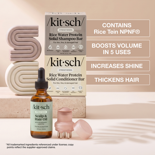 Kitsch Rice Water Protein Solid Shampoo and Conditioner Bars with Scalp & Hair Oil and pink silicone hair growth devices, highlighting volume, shine, and thicker-looking hair benefits.
