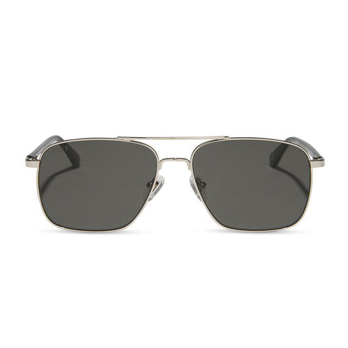 yellowstone x diff eyewear featuring the rip wheeler navigator sunglasses with a silver frame and grey polarized lenses front view