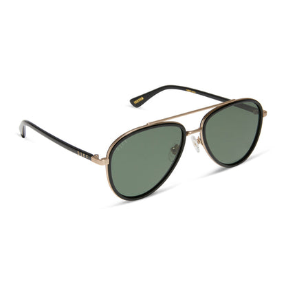 yellowstone x diff eyewear featuring the yellowstone aviator sunglasses with a black frame and g15 polarized lenses angled view