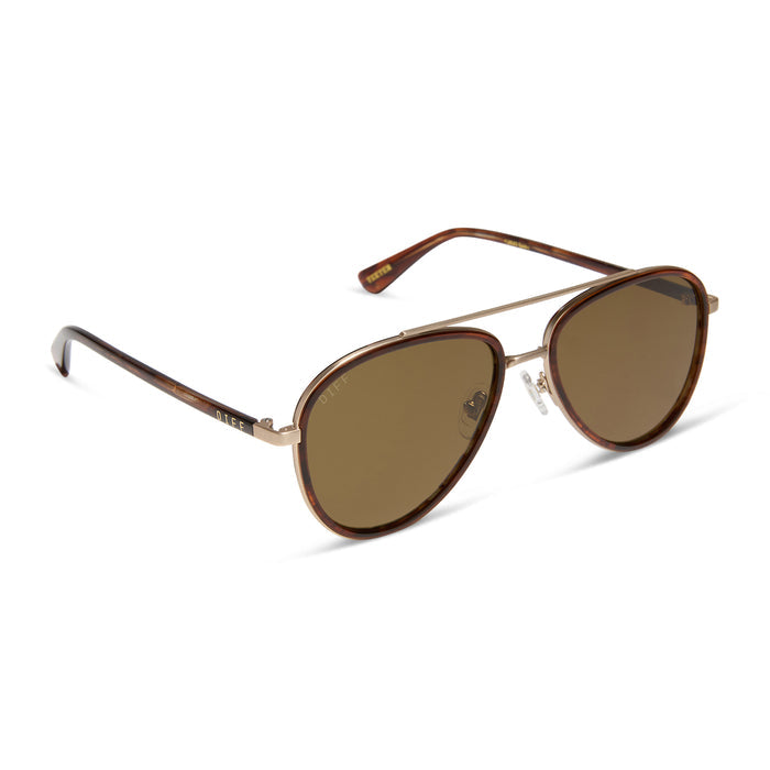 yellowstone x diff eyewear featuring the yellowstone aviator sunglasses with a sequoia tortoise frame and brown polarized lenses angled view