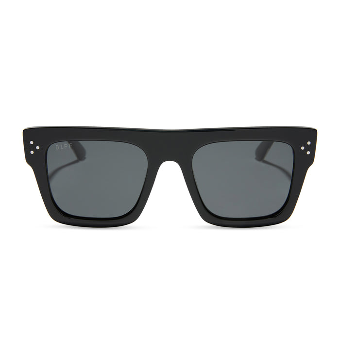 diff eyewear roberts square sunglasses with a black frame and grey polarized lenses front view