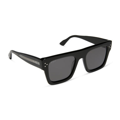 diff eyewear roberts square sunglasses with a black frame and grey polarized lenses angled view